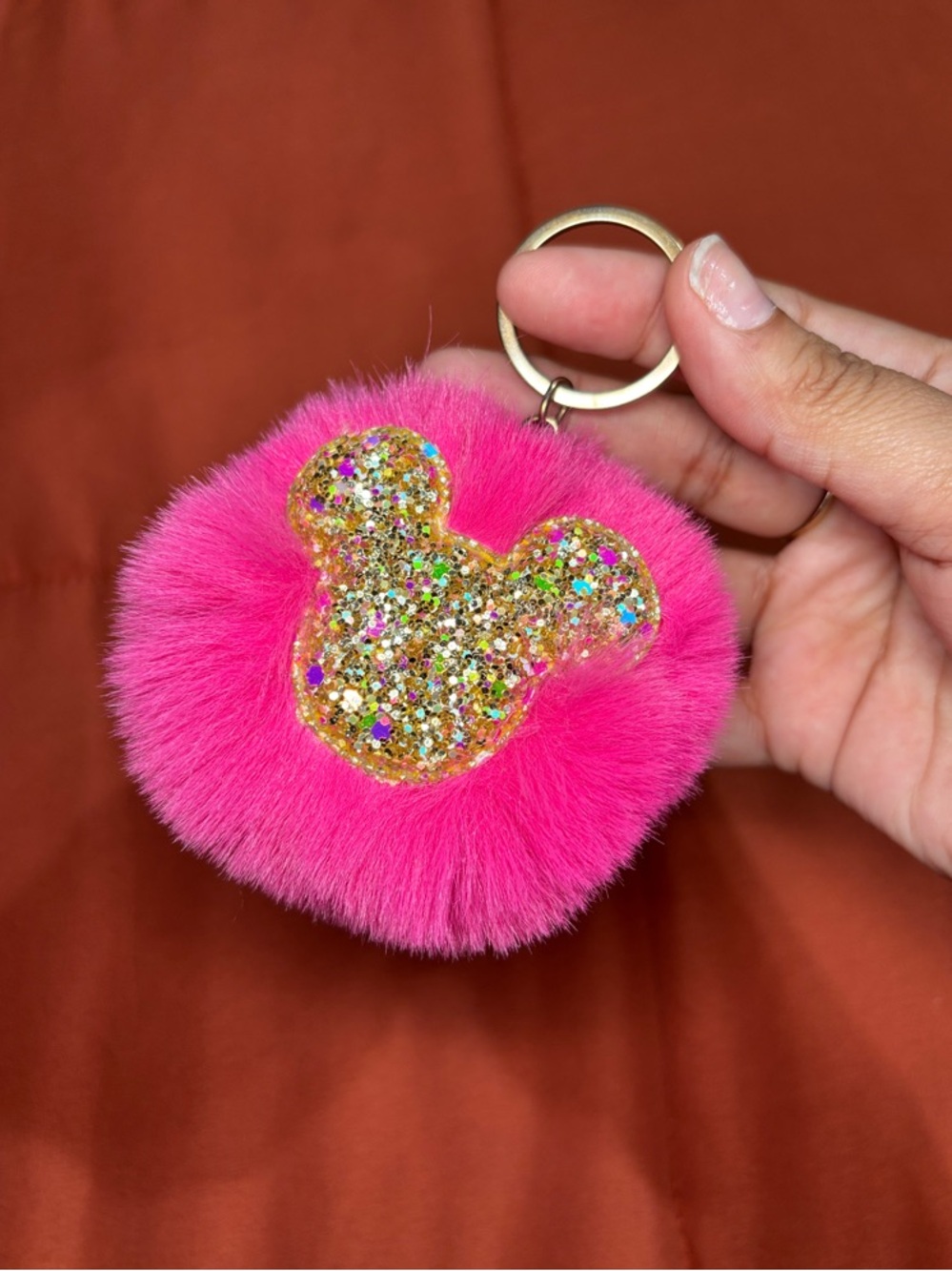 ✨Cute Faux Fur Keychain with Gold Glitter Mickey Accent White, Pink & Lime Green